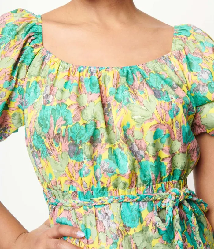 Yellow and Green Floral Tiered Midi Dress Dresses Unique Vintage Midi