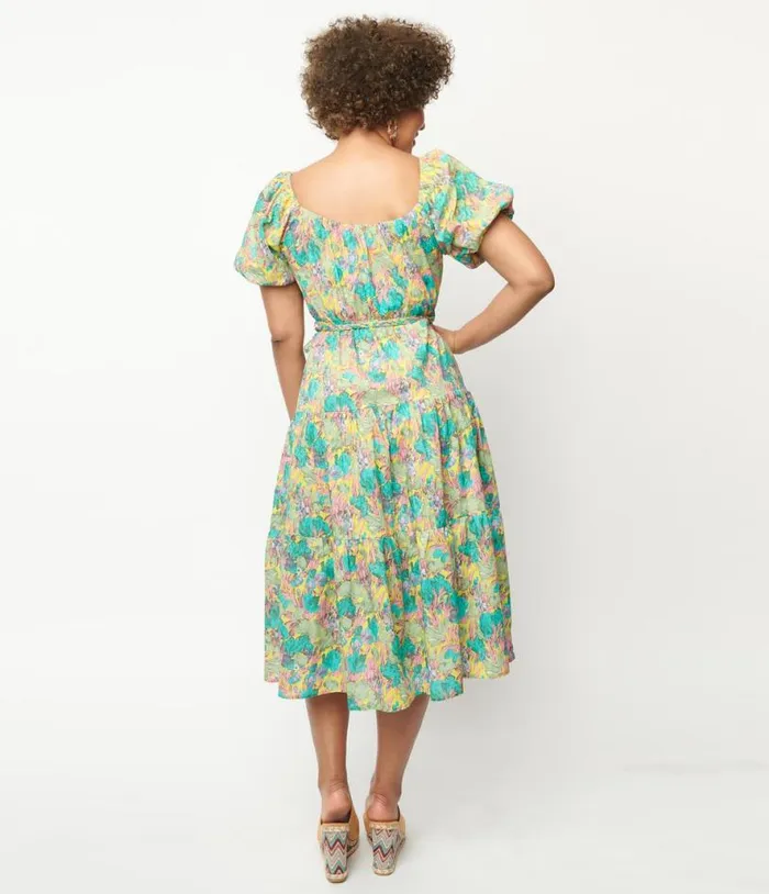 Yellow and Green Floral Tiered Midi Dress Dresses Unique Vintage Midi
