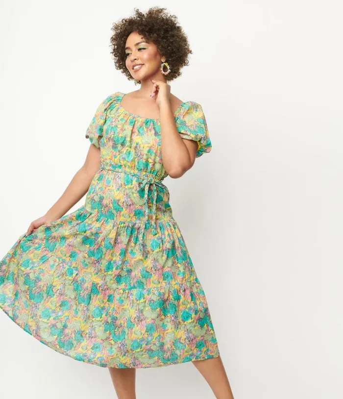 Yellow and Green Floral Tiered Midi Dress Dresses Unique Vintage Midi