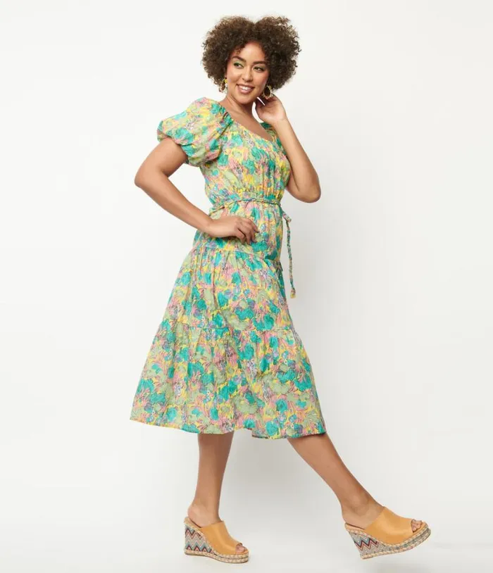 Yellow and Green Floral Tiered Midi Dress Dresses Unique Vintage Midi