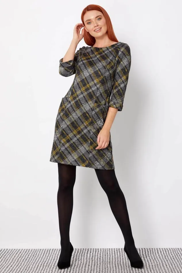 Yellow Check Print 34 Sleeve Shift Dress Women Roman Dresses