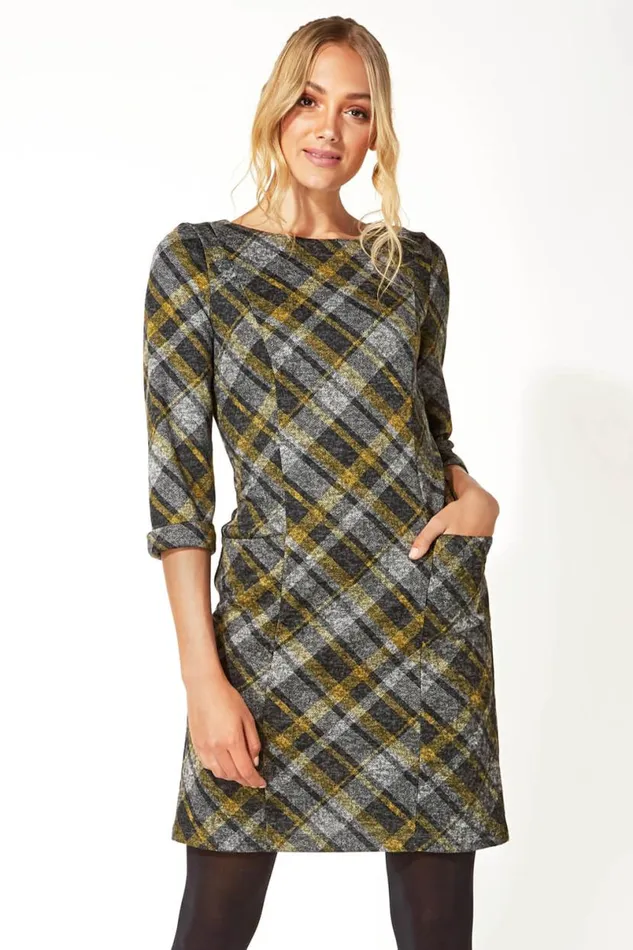 Yellow Check Print 34 Sleeve Shift Dress Women Roman Dresses