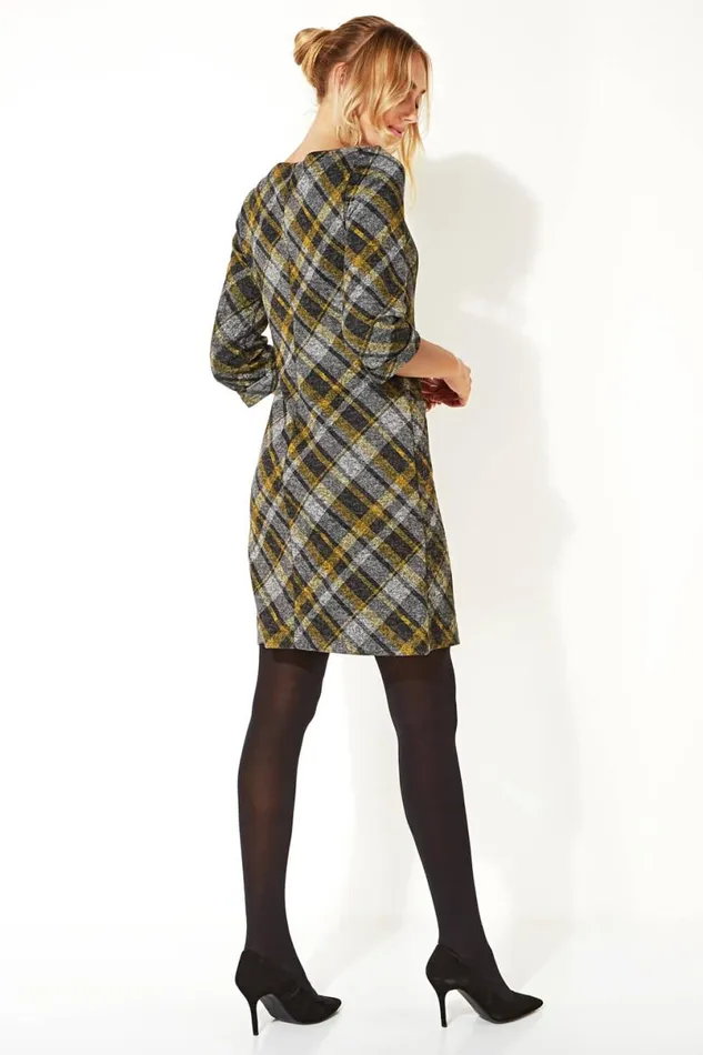Yellow Check Print 34 Sleeve Shift Dress Women Roman Dresses