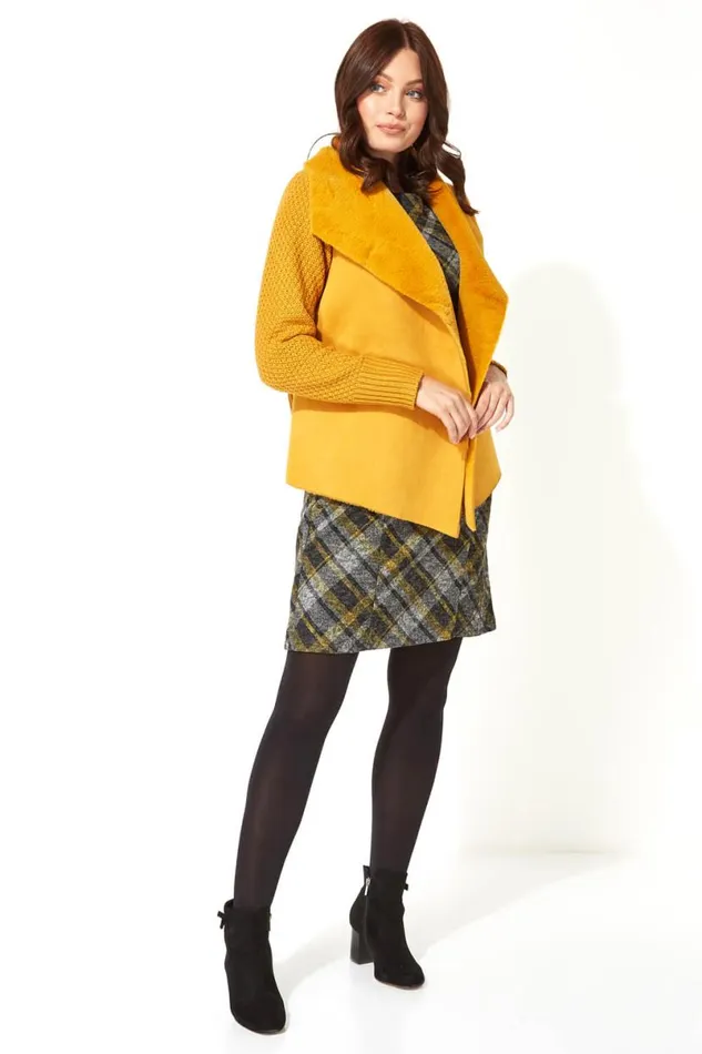 Yellow Check Print 34 Sleeve Shift Dress Women Roman Dresses