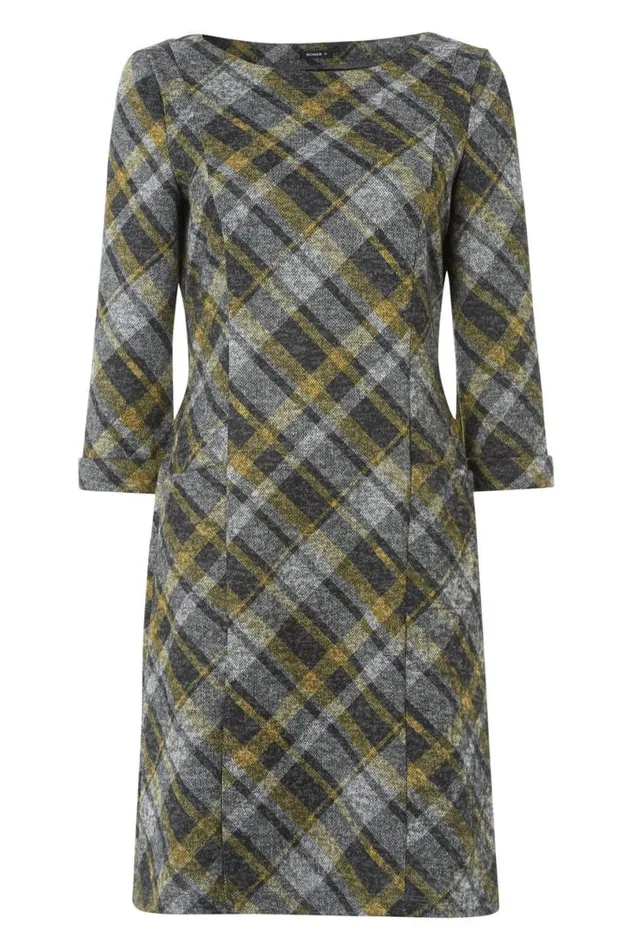Yellow Check Print 34 Sleeve Shift Dress Women Roman Dresses