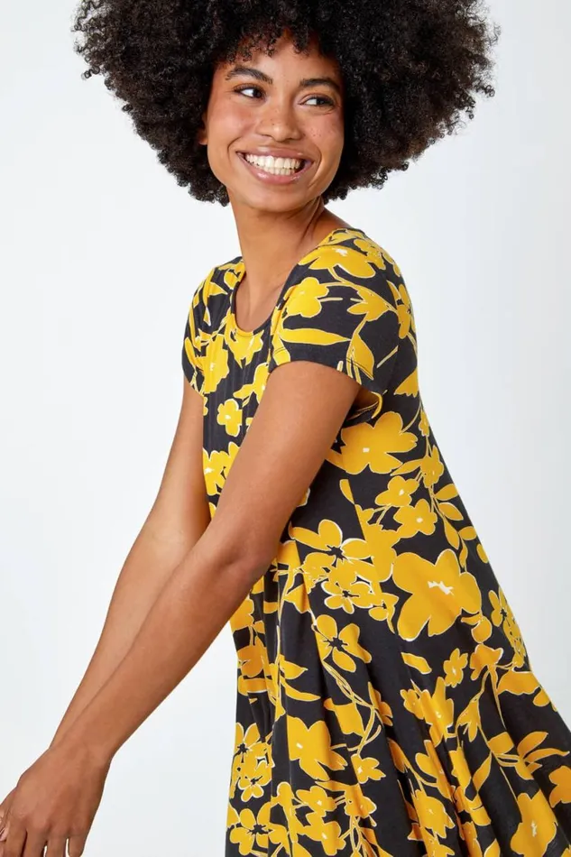 Yellow Contrast Floral Print Hanky Hem Tunic Women Roman Tops