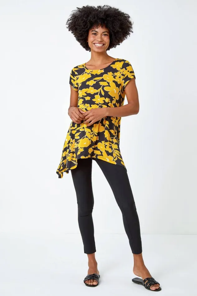 Yellow Contrast Floral Print Hanky Hem Tunic Women Roman Tops
