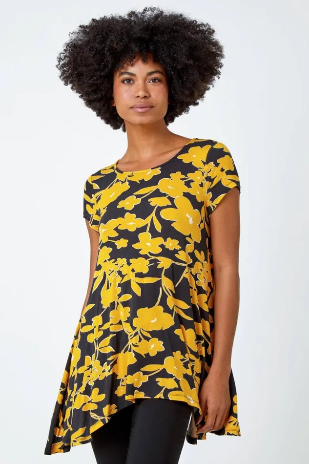 Yellow Contrast Floral Print Hanky Hem Tunic Women Roman Tops