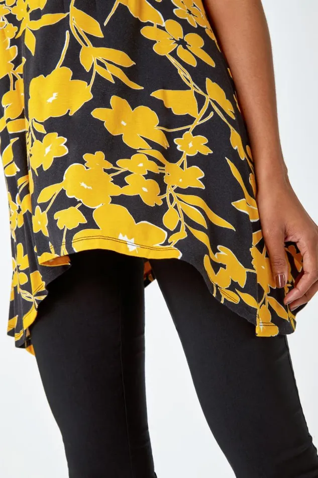 Yellow Contrast Floral Print Hanky Hem Tunic Women Roman Tops