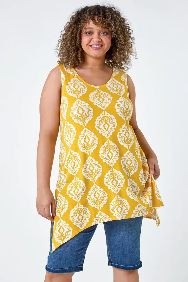 Yellow Curve Aztec VNeck Stretch Hanky Hem Vest Top Women Roman Tops