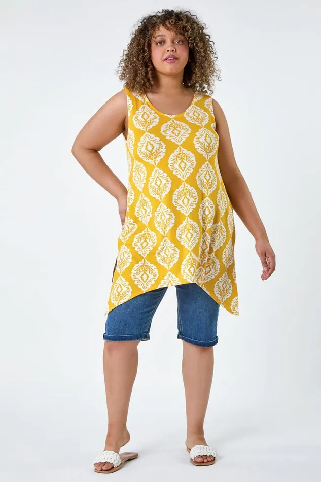 Yellow Curve Aztec VNeck Stretch Hanky Hem Vest Top Women Roman Tops