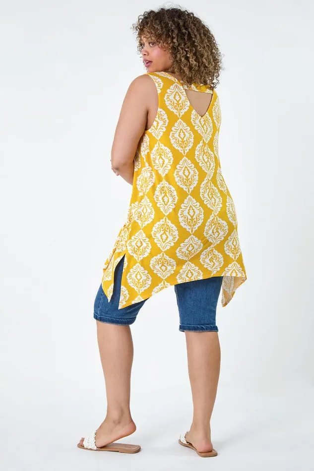Yellow Curve Aztec VNeck Stretch Hanky Hem Vest Top Women Roman Tops