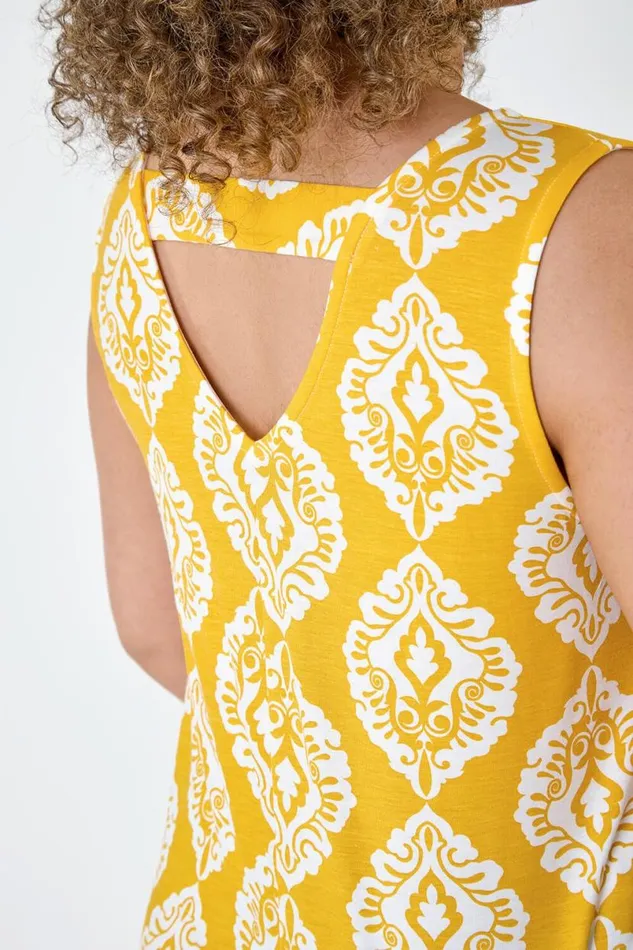 Yellow Curve Aztec VNeck Stretch Hanky Hem Vest Top Women Roman Tops