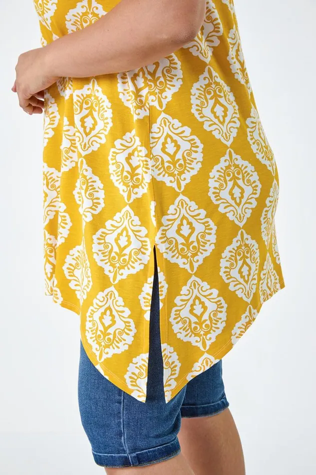 Yellow Curve Aztec VNeck Stretch Hanky Hem Vest Top Women Roman Tops