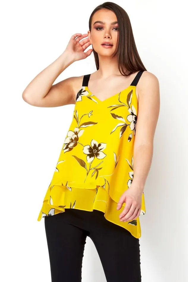 Yellow Double Layer Floral Vest Top Women Roman Tops