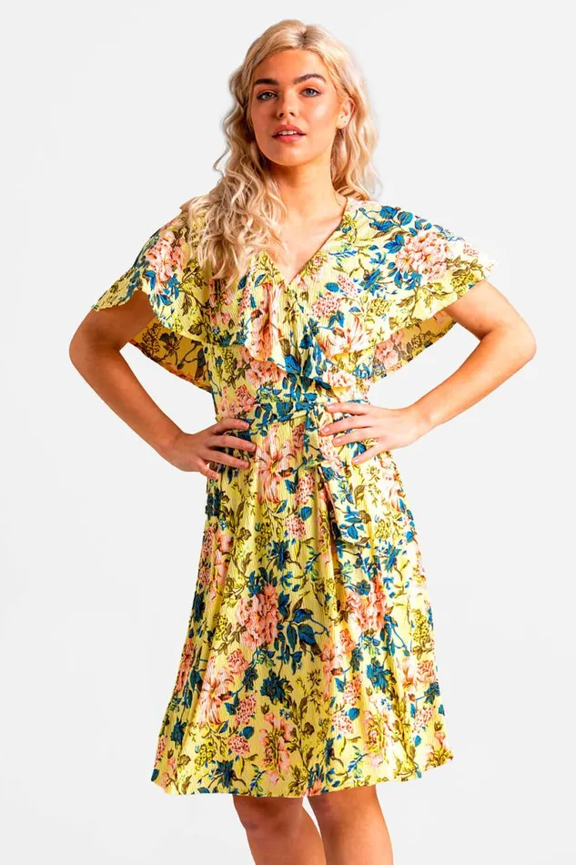 Yellow Floral Frill Sleeve Belted Dress Women Roman Dresses