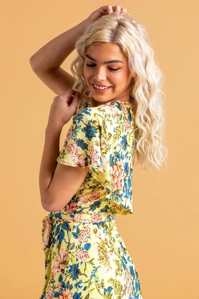 Yellow Floral Frill Sleeve Belted Dress Women Roman Dresses