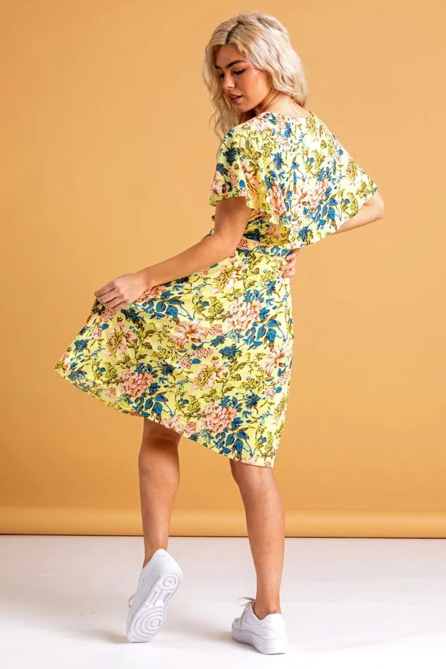 Yellow Floral Frill Sleeve Belted Dress Women Roman Dresses