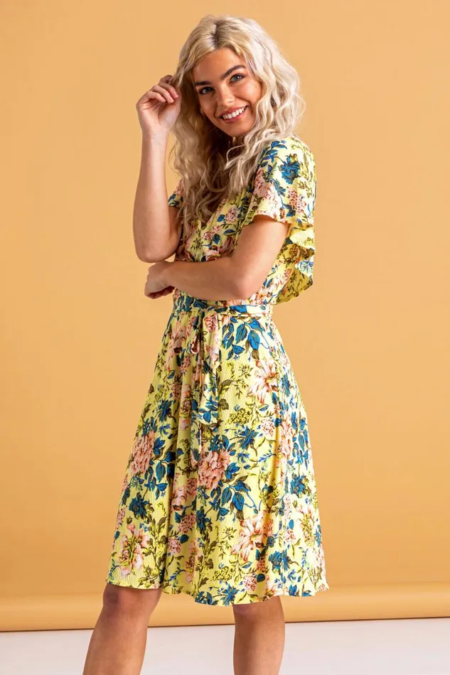 Yellow Floral Frill Sleeve Belted Dress Women Roman Dresses