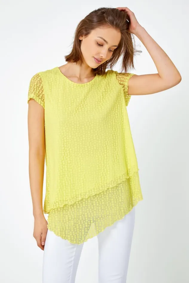 Yellow Textured Spot Print Asymmetric Top Women Roman Tops