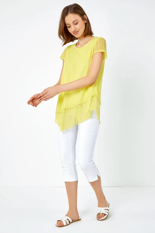 Yellow Textured Spot Print Asymmetric Top Women Roman Tops
