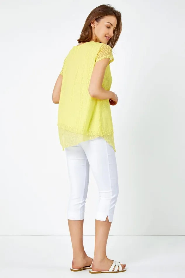 Yellow Textured Spot Print Asymmetric Top Women Roman Tops