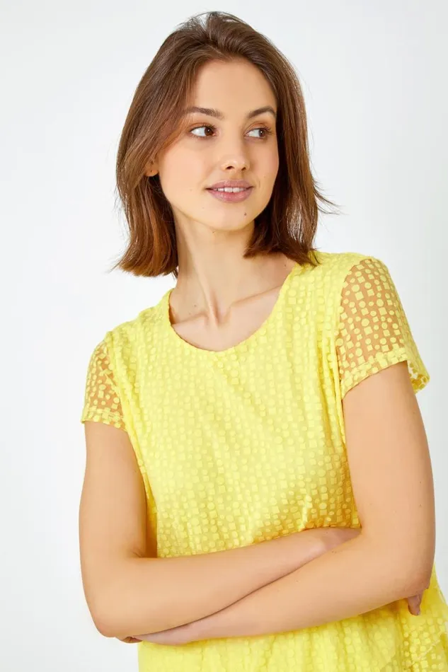 Yellow Textured Spot Print Asymmetric Top Women Roman Tops