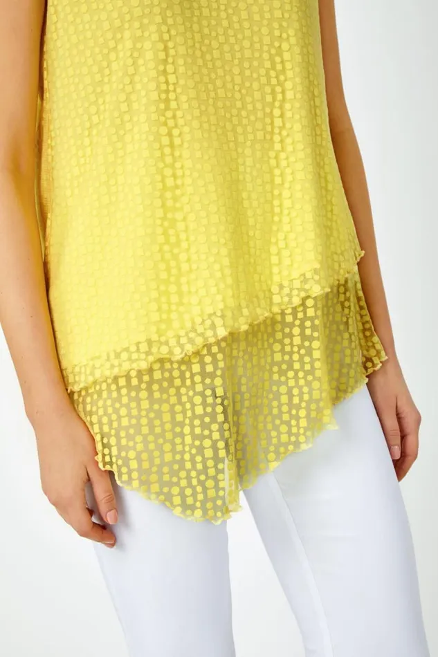 Yellow Textured Spot Print Asymmetric Top Women Roman Tops